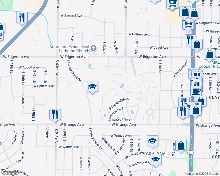 map of restaurants, bars, coffee shops, grocery stores, and more near 5240 South 37th Street in Greenfield