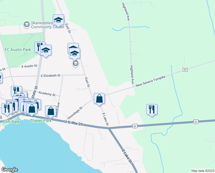 map of restaurants, bars, coffee shops, grocery stores, and more near 53 Onondaga Street in Skaneateles