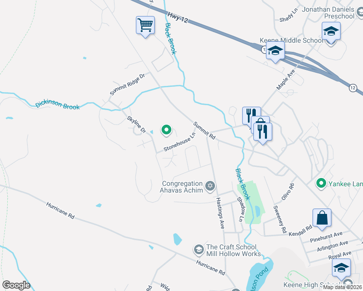 map of restaurants, bars, coffee shops, grocery stores, and more near 24 Stonehouse Lane in Keene