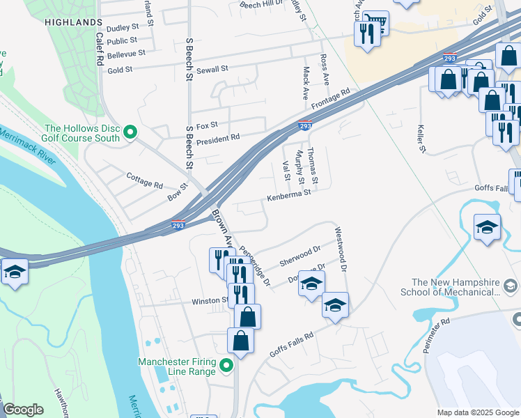 map of restaurants, bars, coffee shops, grocery stores, and more near 22 Townhouse Road in Manchester