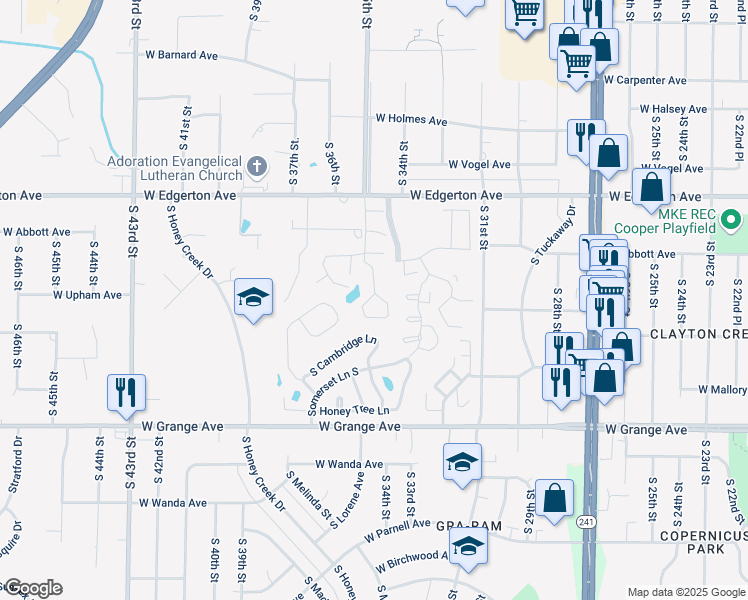 map of restaurants, bars, coffee shops, grocery stores, and more near 5309 South Hidden Drive in Greenfield