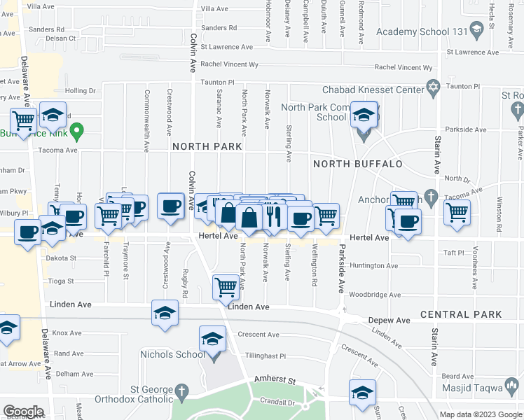 map of restaurants, bars, coffee shops, grocery stores, and more near 152 Norwalk Avenue in Buffalo