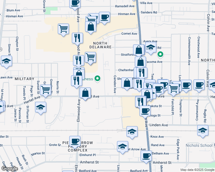 map of restaurants, bars, coffee shops, grocery stores, and more near 84-86 Botsford Pl in Buffalo