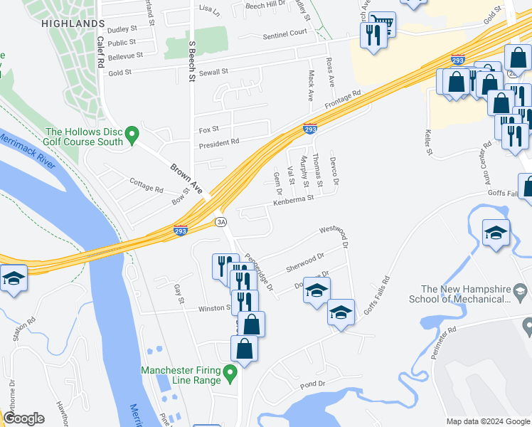 map of restaurants, bars, coffee shops, grocery stores, and more near 12 Townhouse Road in Manchester