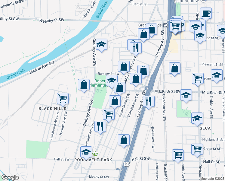 map of restaurants, bars, coffee shops, grocery stores, and more near 801 Oakland Avenue Southwest in Grand Rapids
