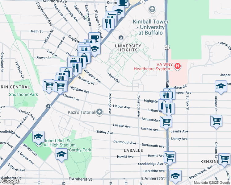 map of restaurants, bars, coffee shops, grocery stores, and more near in Buffalo