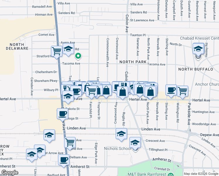 map of restaurants, bars, coffee shops, grocery stores, and more near 162 Crestwood Avenue in Buffalo