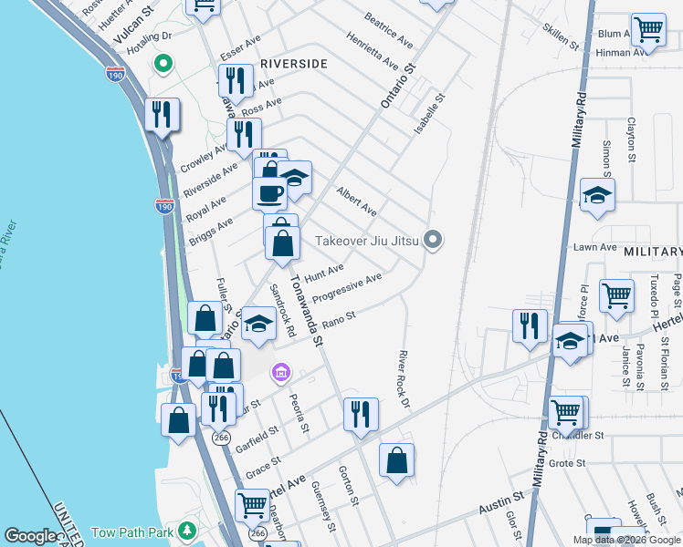 map of restaurants, bars, coffee shops, grocery stores, and more near 11 Copeland Place in Buffalo
