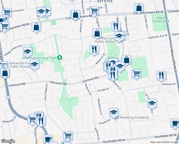 map of restaurants, bars, coffee shops, grocery stores, and more near 105 Andover Drive in London