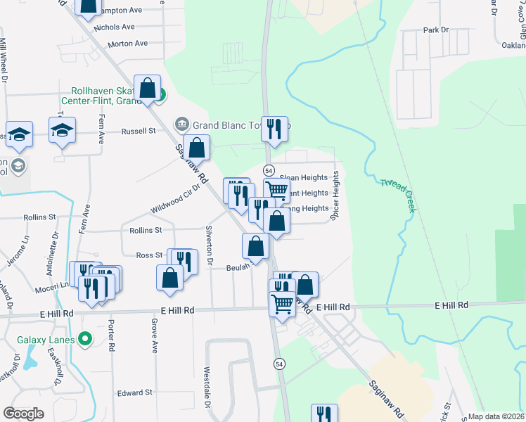 map of restaurants, bars, coffee shops, grocery stores, and more near 5394 Dort Highway in Flint
