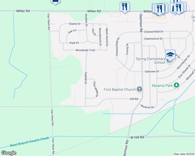 map of restaurants, bars, coffee shops, grocery stores, and more near 5297 Chin Maya Drive in Swartz Creek