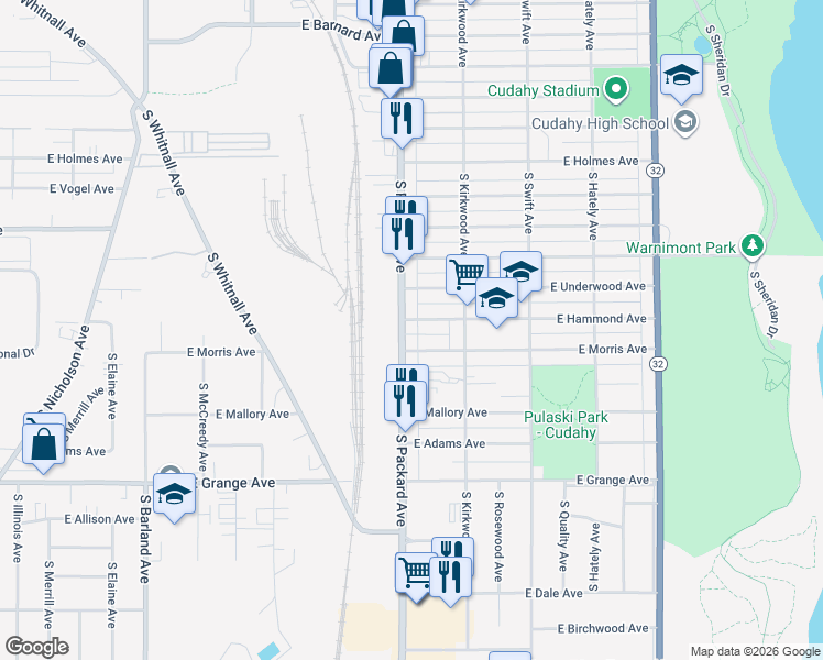 map of restaurants, bars, coffee shops, grocery stores, and more near 5222 South Packard Avenue in Cudahy