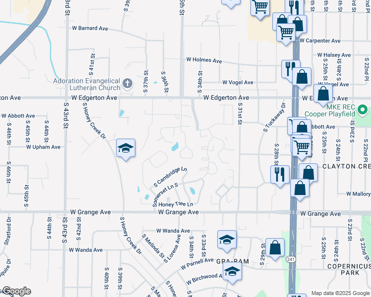 map of restaurants, bars, coffee shops, grocery stores, and more near 5309 South Hidden Drive in Greenfield