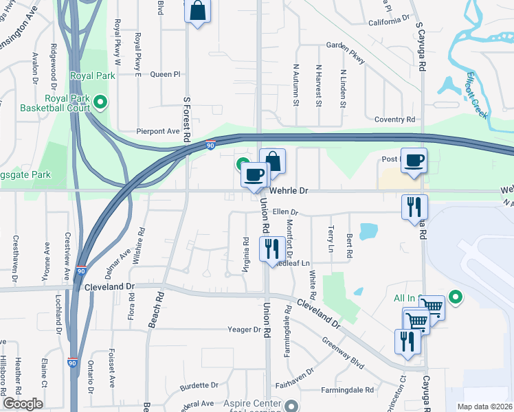 map of restaurants, bars, coffee shops, grocery stores, and more near in Erie County
