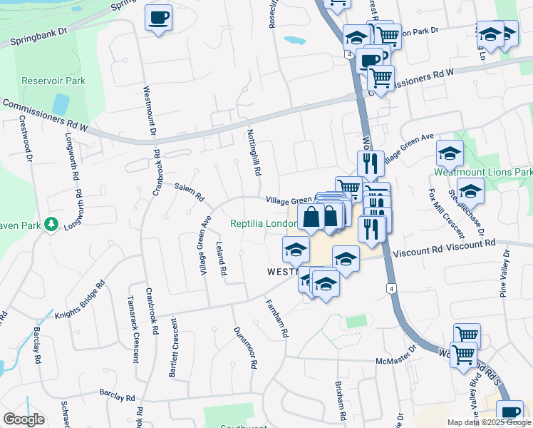 map of restaurants, bars, coffee shops, grocery stores, and more near 635 Village Green Avenue in London