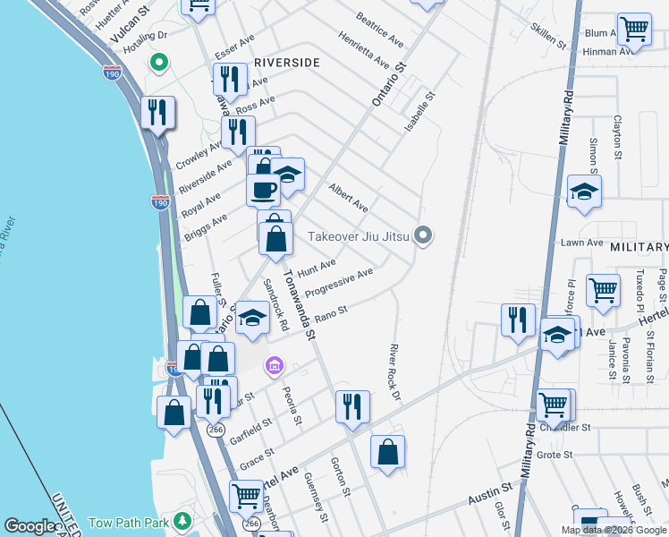 map of restaurants, bars, coffee shops, grocery stores, and more near 11 Copeland Place in Buffalo