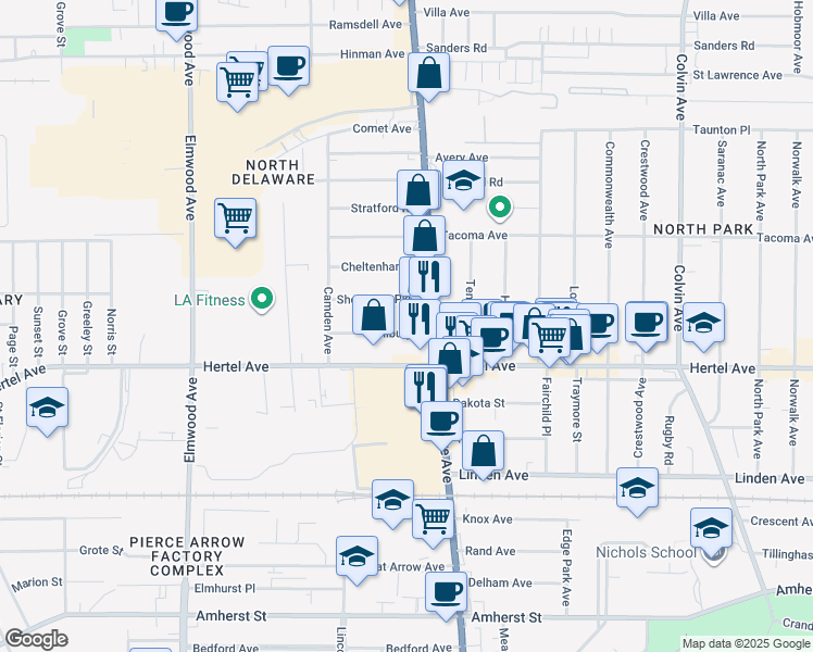 map of restaurants, bars, coffee shops, grocery stores, and more near 29 Wilbury Place in Buffalo