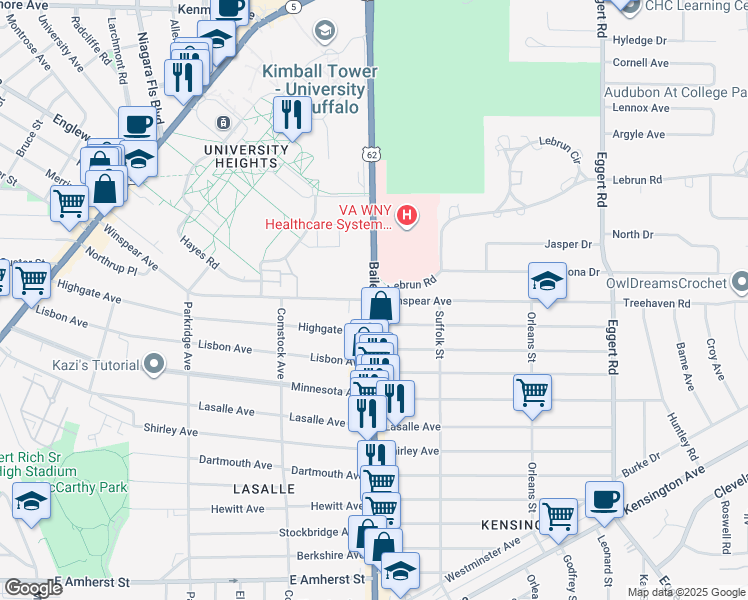 map of restaurants, bars, coffee shops, grocery stores, and more near Bailey Ave & Winspear Ave in Buffalo