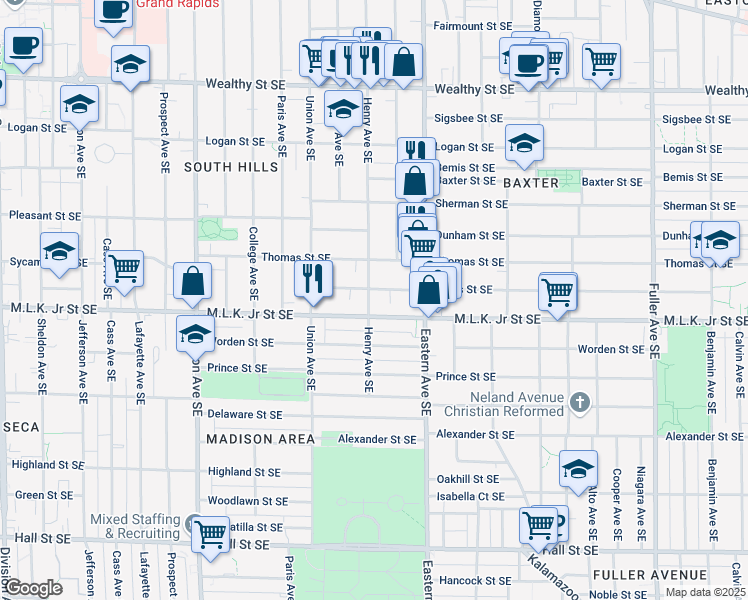 map of restaurants, bars, coffee shops, grocery stores, and more near 734 Henry Avenue Southeast in Grand Rapids