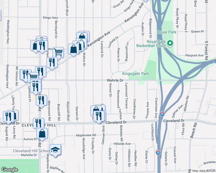 map of restaurants, bars, coffee shops, grocery stores, and more near 48 Vernon Drive in Buffalo