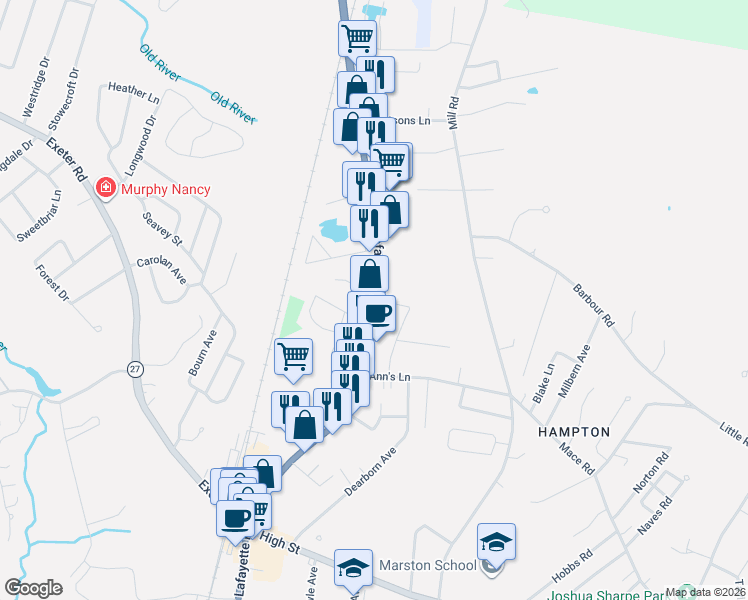 map of restaurants, bars, coffee shops, grocery stores, and more near 9 Belmont Circle in Hampton