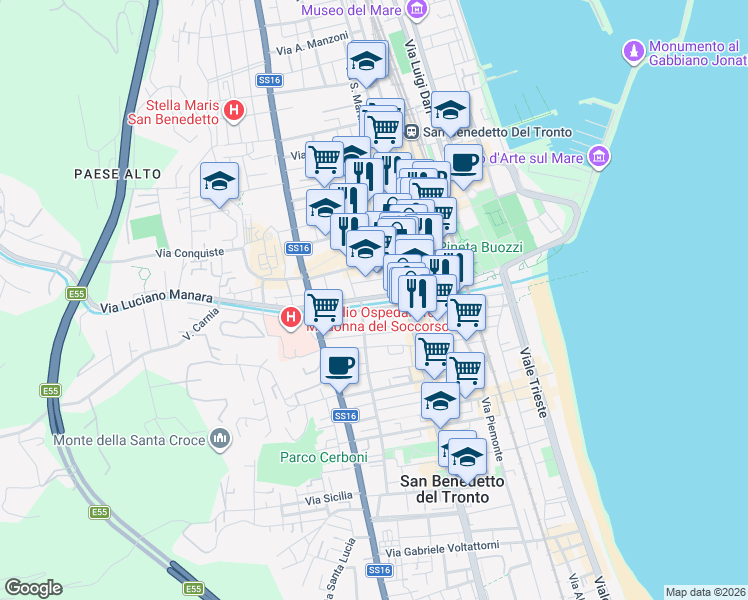 map of restaurants, bars, coffee shops, grocery stores, and more near 46 Via Papa Giovanni XXIII in San Benedetto del Tronto