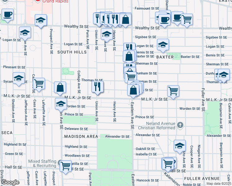 map of restaurants, bars, coffee shops, grocery stores, and more near 734 Henry Avenue Southeast in Grand Rapids