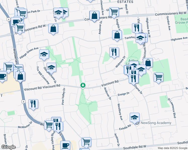 map of restaurants, bars, coffee shops, grocery stores, and more near 23 Four Oaks Crescent in London