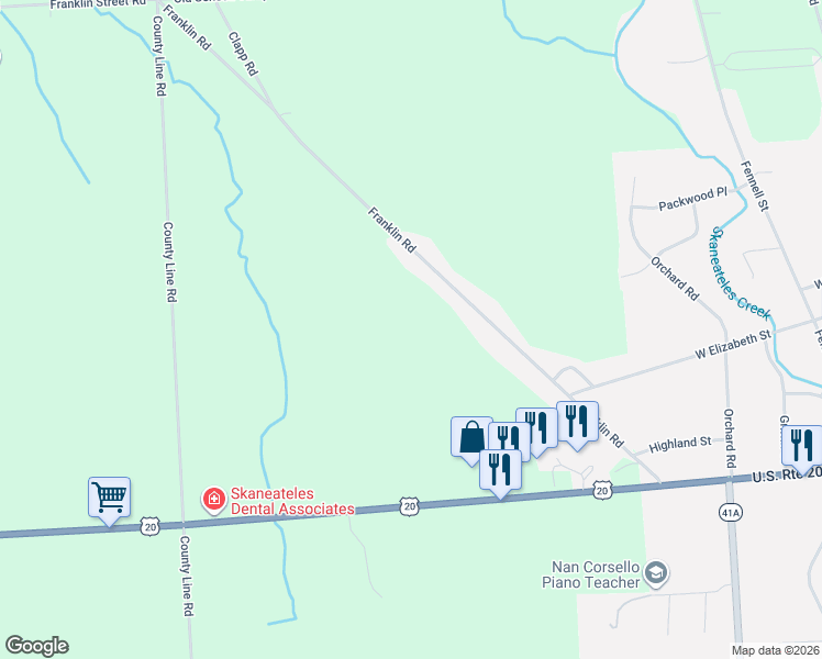 map of restaurants, bars, coffee shops, grocery stores, and more near 729 Franklin Road in Skaneateles