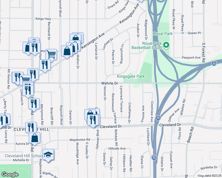 map of restaurants, bars, coffee shops, grocery stores, and more near 50 Ravenswood Terrace in Buffalo