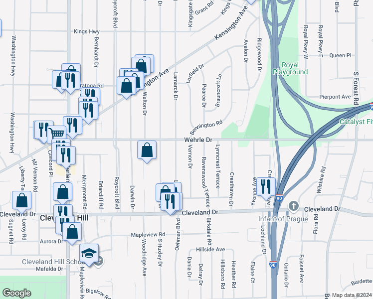 map of restaurants, bars, coffee shops, grocery stores, and more near 48 Vernon Drive in Buffalo