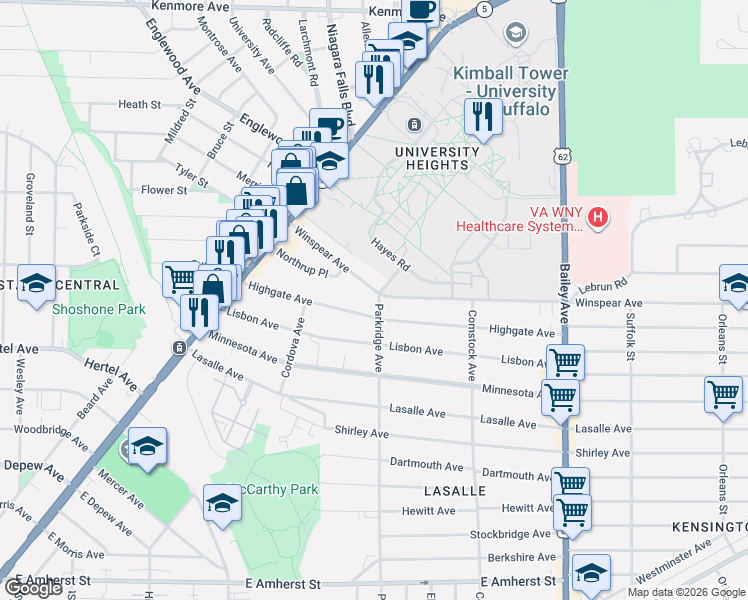 map of restaurants, bars, coffee shops, grocery stores, and more near 112 Winspear Avenue in Buffalo