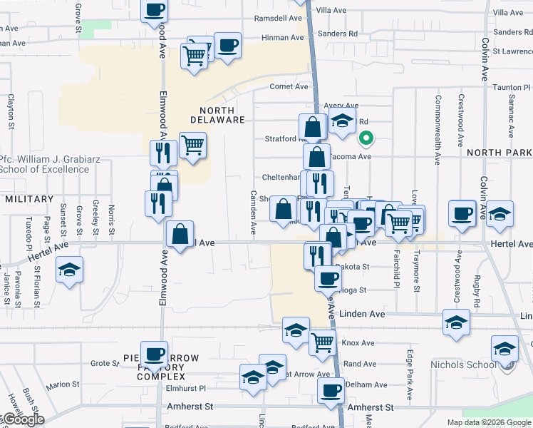 map of restaurants, bars, coffee shops, grocery stores, and more near 74 Shoreham Parkway in Buffalo