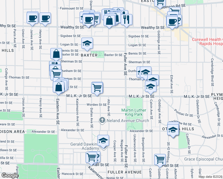 map of restaurants, bars, coffee shops, grocery stores, and more near 1121 Bates Street Southeast in Grand Rapids