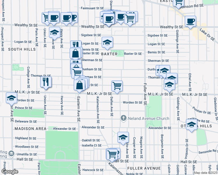 map of restaurants, bars, coffee shops, grocery stores, and more near 933 Bates Street Southeast in Grand Rapids