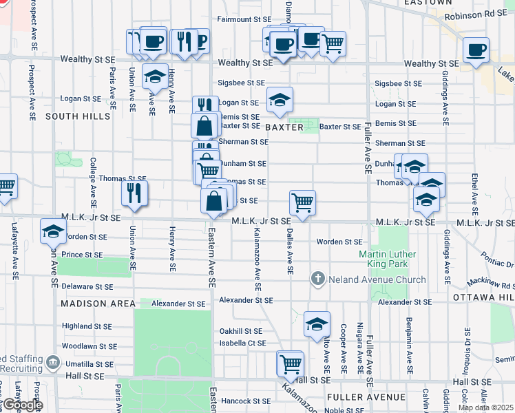 map of restaurants, bars, coffee shops, grocery stores, and more near 857 Bates Street Southeast in Grand Rapids