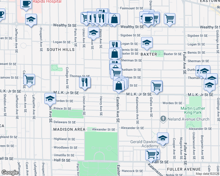 map of restaurants, bars, coffee shops, grocery stores, and more near 743 Bates Street Southeast in Grand Rapids