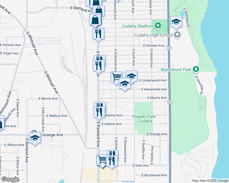 map of restaurants, bars, coffee shops, grocery stores, and more near 3668 East Hammond Avenue in Cudahy