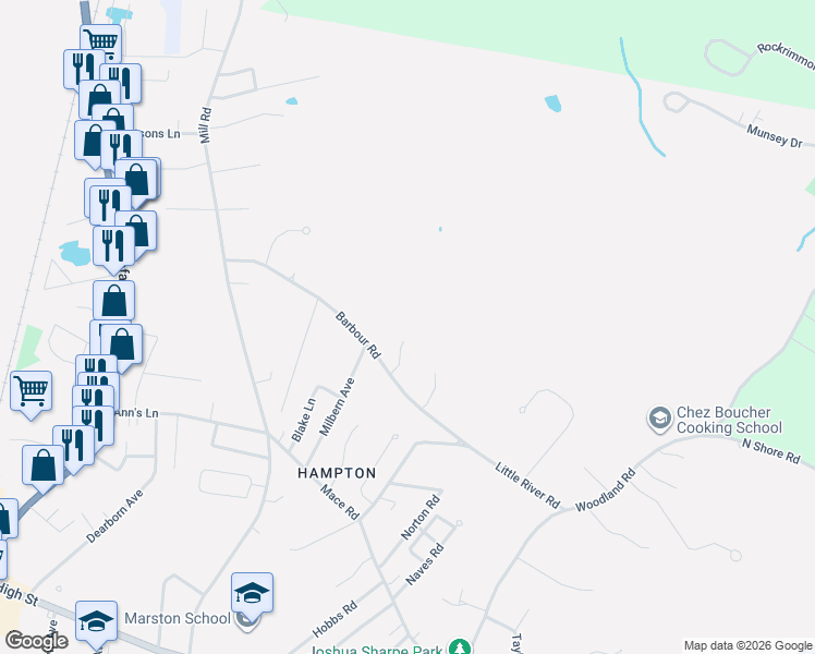 map of restaurants, bars, coffee shops, grocery stores, and more near 37 Barbour Road in Hampton
