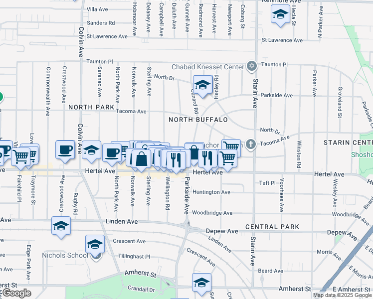 map of restaurants, bars, coffee shops, grocery stores, and more near 700 Parkside Avenue in Buffalo