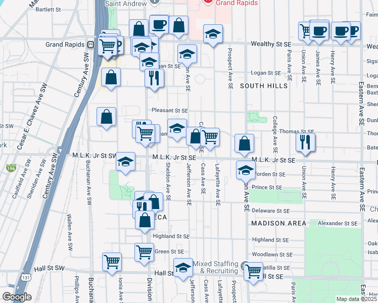 map of restaurants, bars, coffee shops, grocery stores, and more near 734 Jefferson Avenue Southeast in Grand Rapids