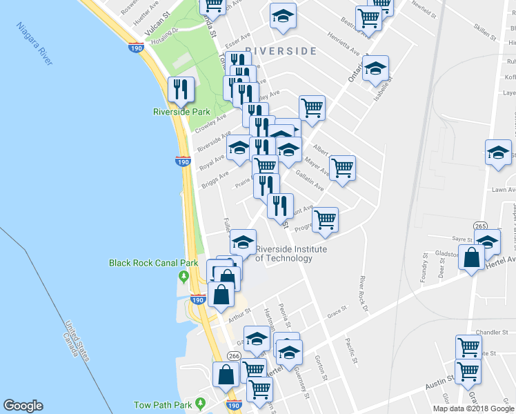 map of restaurants, bars, coffee shops, grocery stores, and more near 142 Ontario Street in Buffalo