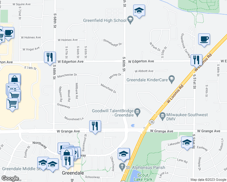 map of restaurants, bars, coffee shops, grocery stores, and more near 7016 North Middleton Court in Greendale