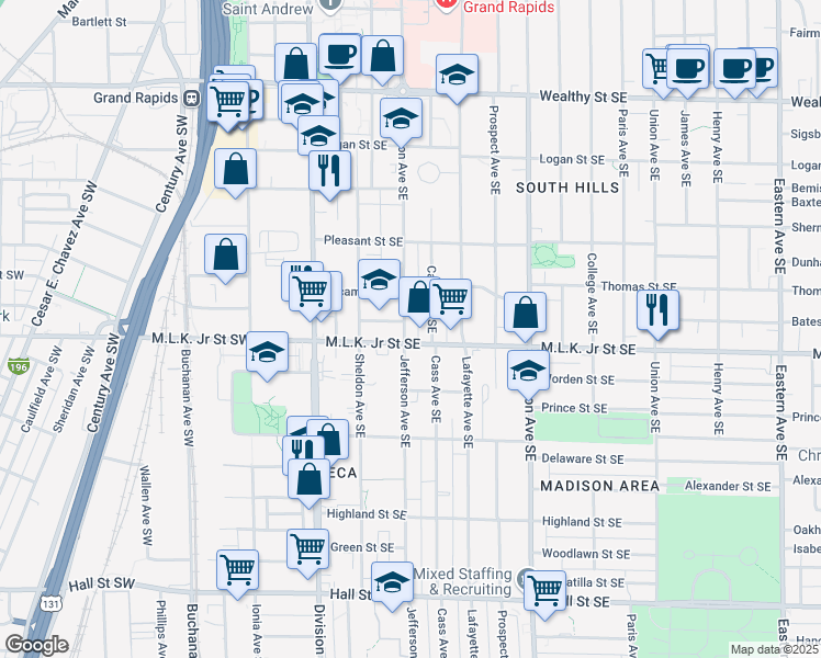 map of restaurants, bars, coffee shops, grocery stores, and more near 736 Jefferson Avenue Southeast in Grand Rapids