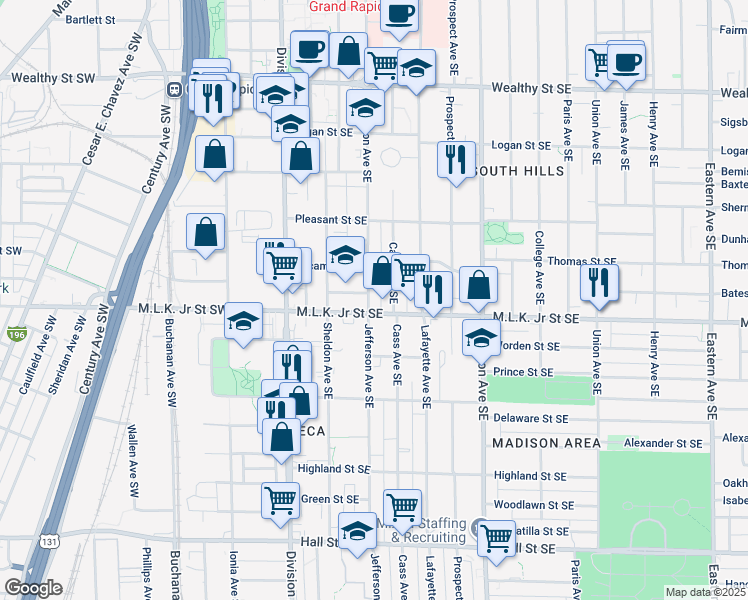 map of restaurants, bars, coffee shops, grocery stores, and more near 734 Jefferson Avenue Southeast in Grand Rapids