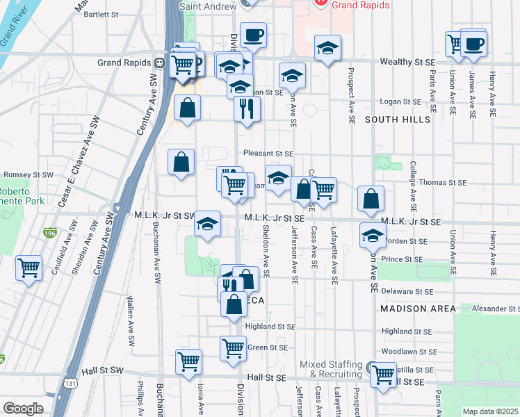 map of restaurants, bars, coffee shops, grocery stores, and more near 737 Sheldon Avenue Southeast in Grand Rapids