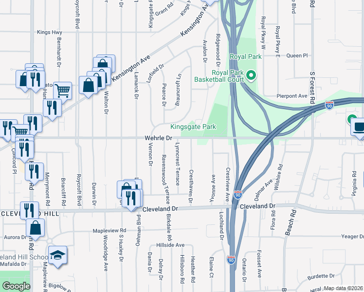map of restaurants, bars, coffee shops, grocery stores, and more near 123 Lynncrest Terrace in Buffalo