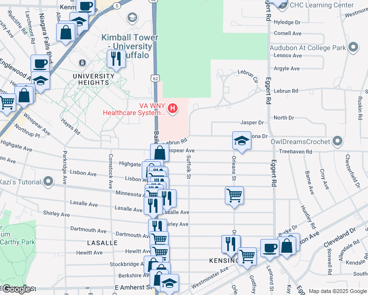 map of restaurants, bars, coffee shops, grocery stores, and more near 73 Lebrun Road in Buffalo