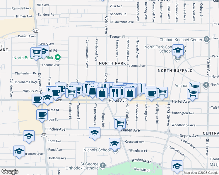 map of restaurants, bars, coffee shops, grocery stores, and more near 126 Saranac Avenue in Buffalo