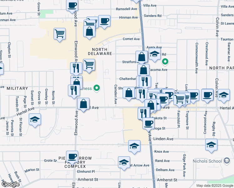 map of restaurants, bars, coffee shops, grocery stores, and more near 58 Camden Avenue in Buffalo